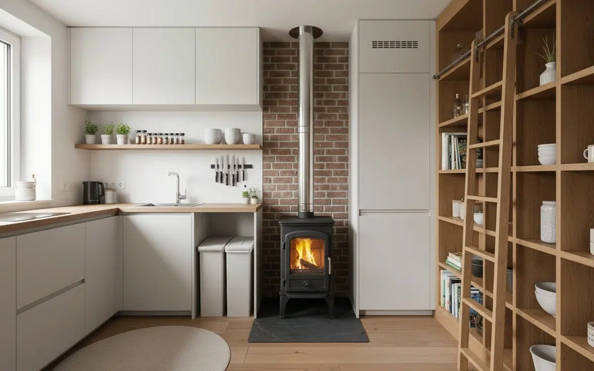 soba de bucatarie integrata langa mobilier de culoare alba