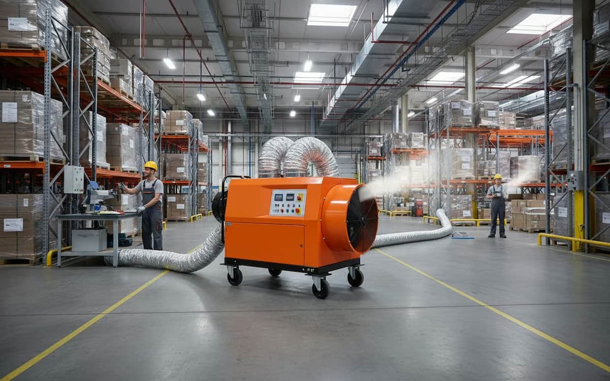 un generator de aer cald mobil in interiorul unei hale cu muncitori lucrand in productie