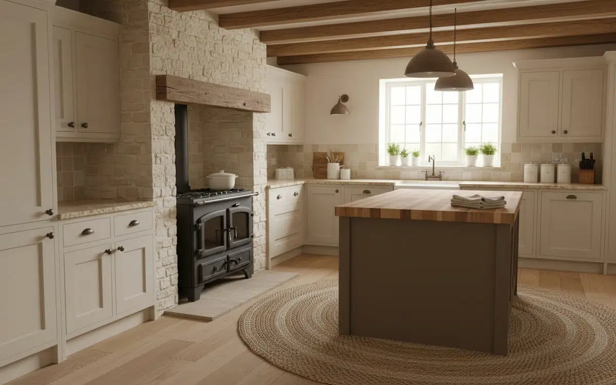 soba de bucatarie integrata intr-un design rustic cu insula centrala