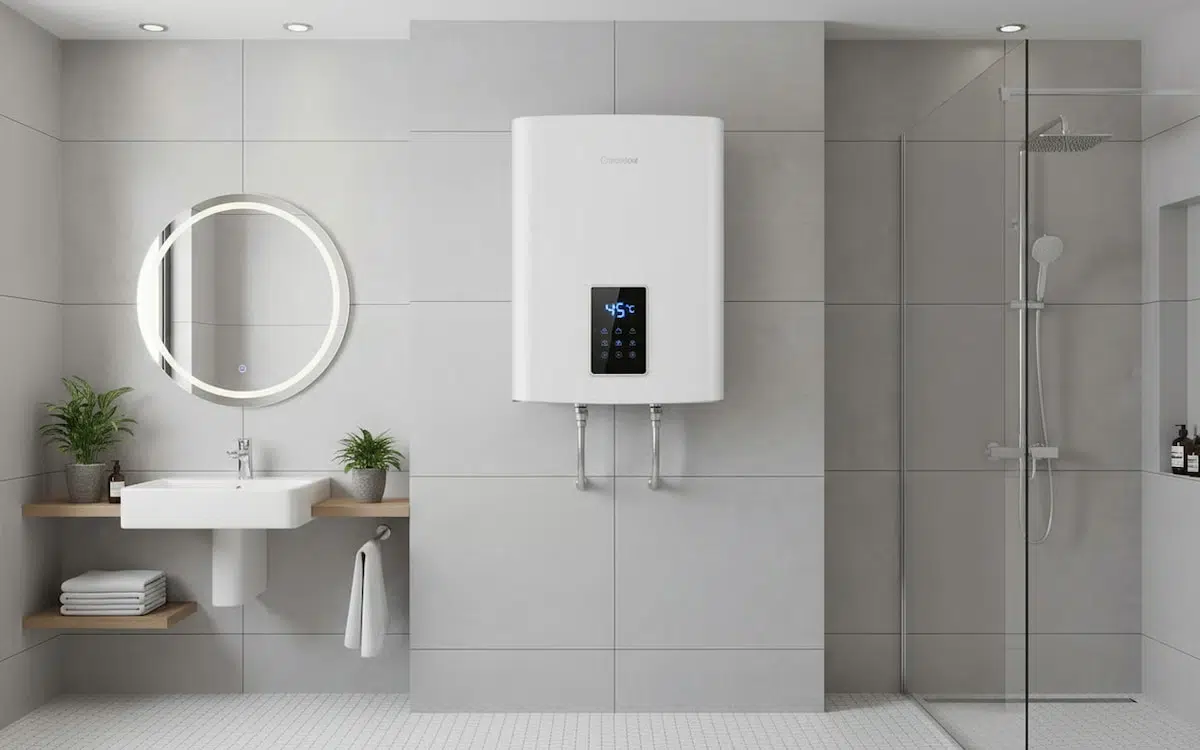Boiler electric modern instalat in baie cu display digital