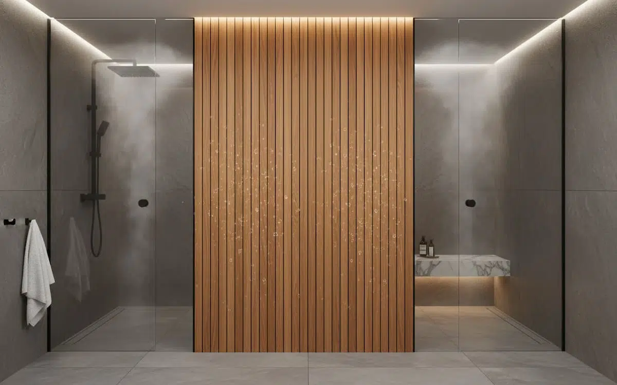 Zona de dus amenajata cu riflaje rezistente la umiditate, evidentiind functionalitatea si designul modern