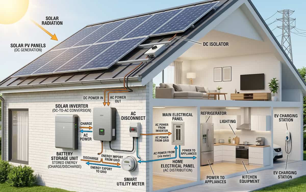 2 independenta eneregtica - Diagrama detaliata a componentelor unui sistem fotovoltaic complet, de la panouri la baterii si invertor