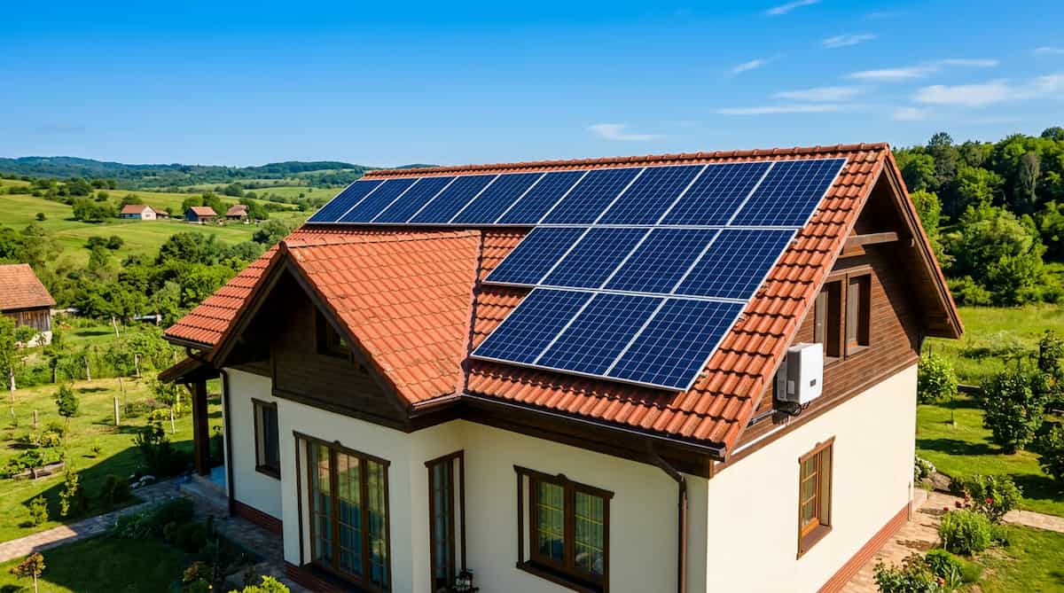 Panouri solare moderne instalate pe acoperisul unei case romanesti, ilustrand tranzitia catre energia verde
