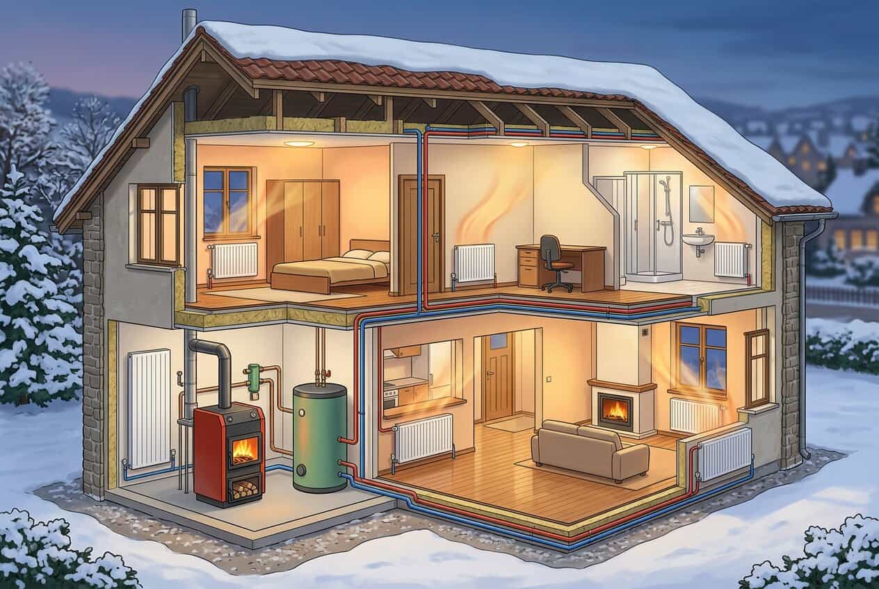 Cate calorifere duce o centrala de 24kw pe lemne - casa, camere