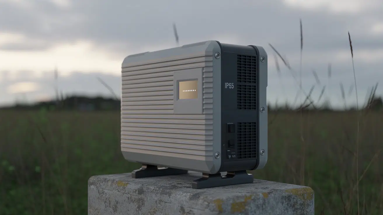 Ce criterii trebuie să urmezi când alegi un invertor pentru panourile solare? (imagine cu un invertor solar fotografiat pe un camp) - romstal.ro