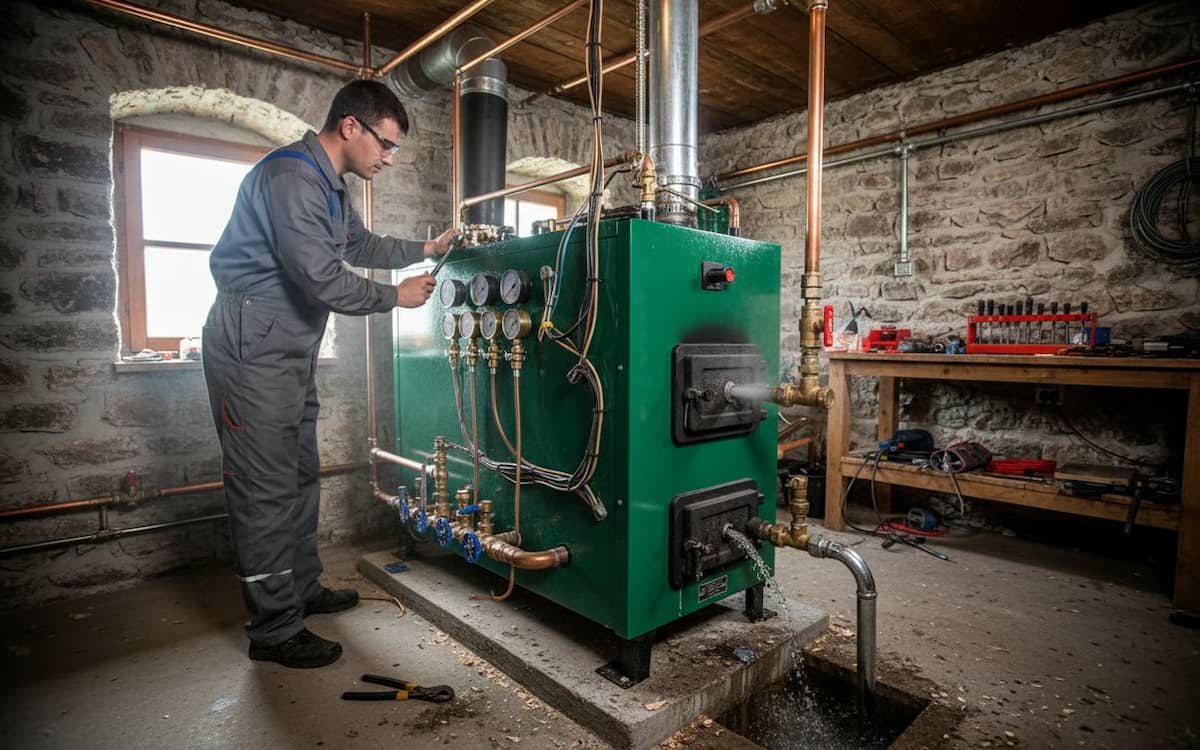 Montaj boiler pe lemne - un tehnician monteaza un boiler pe lemne in demisolul unei case