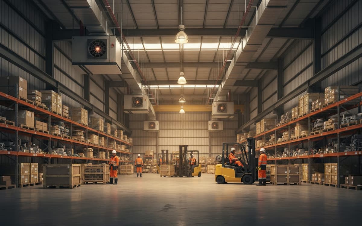 o hala industriala cu sisteme de incalzire amplasate pe tavan
