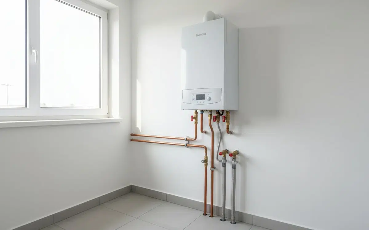 o centrala pe gaz montata pe un perete al unei case