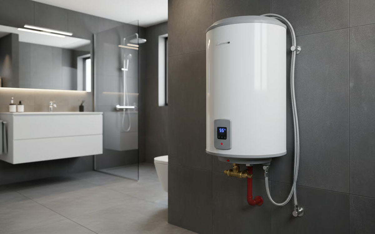Boiler electric cu serpentina instalat intr-o baie moderna