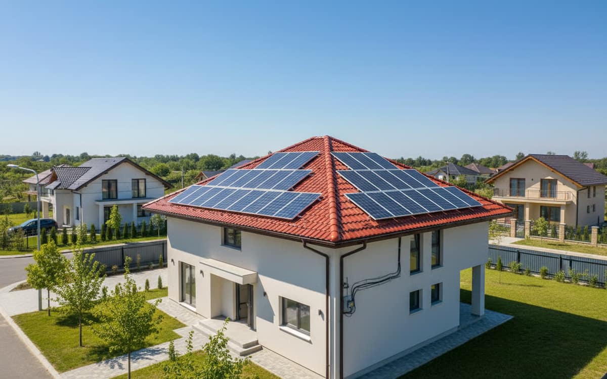 Casa cu panouri fotovoltaice instalate pentru sistem de incalzire solara