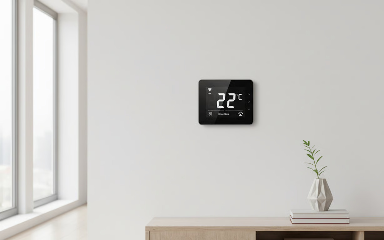 Tipuri de termostate pentru centrale_Ghid complet pentru termostat ambient, cu fir, smart si digital – optimizare si confort pas cu pas_Termostat digital modern instalat pe perete intr-un interior contemporan