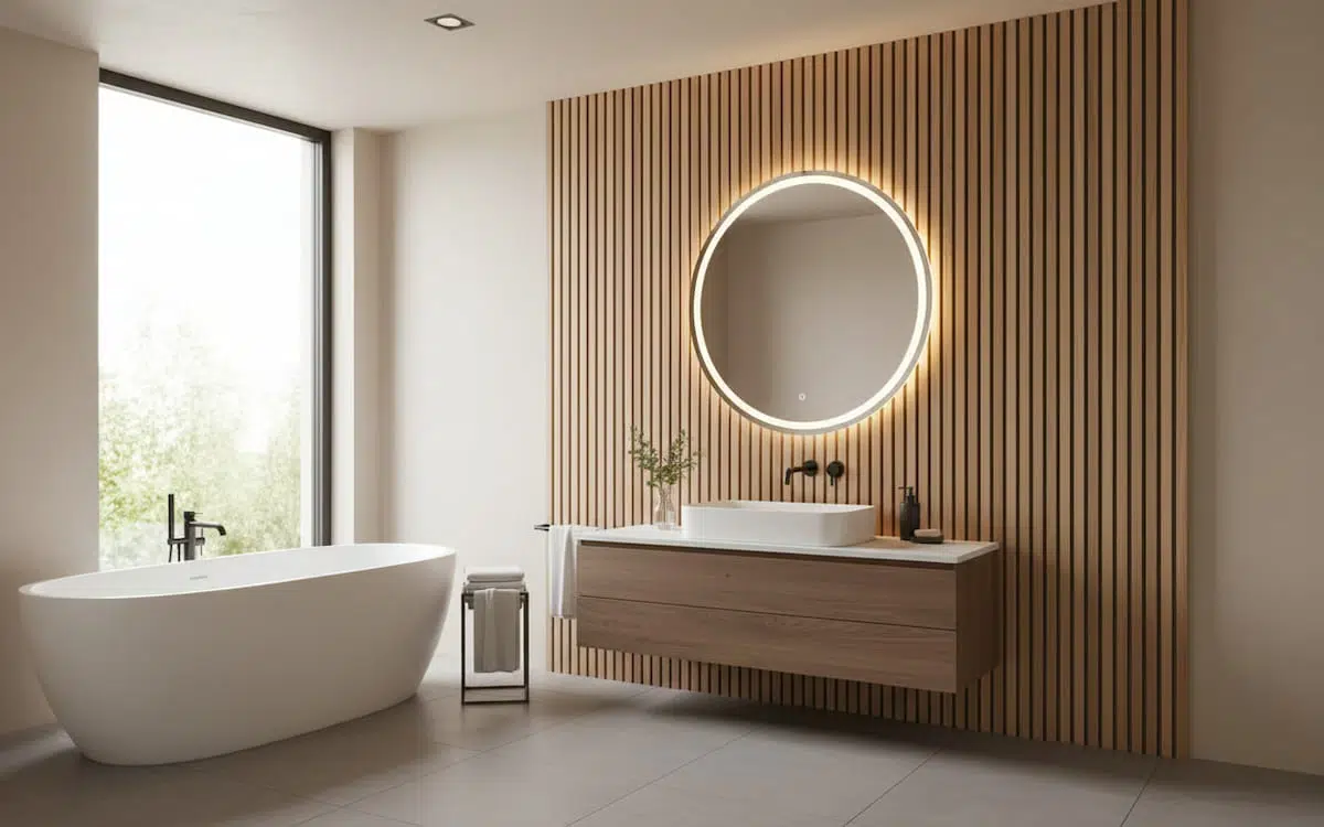 Baie moderna cu riflaje din lemn montate pe perete, evidentiind designul contemporan si eleganta spatiului