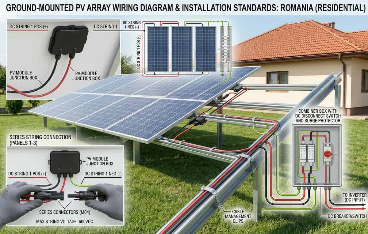 Structura de suport pentru montajul panourilor fotovoltaice la sol - diagrama tehnica de instalare