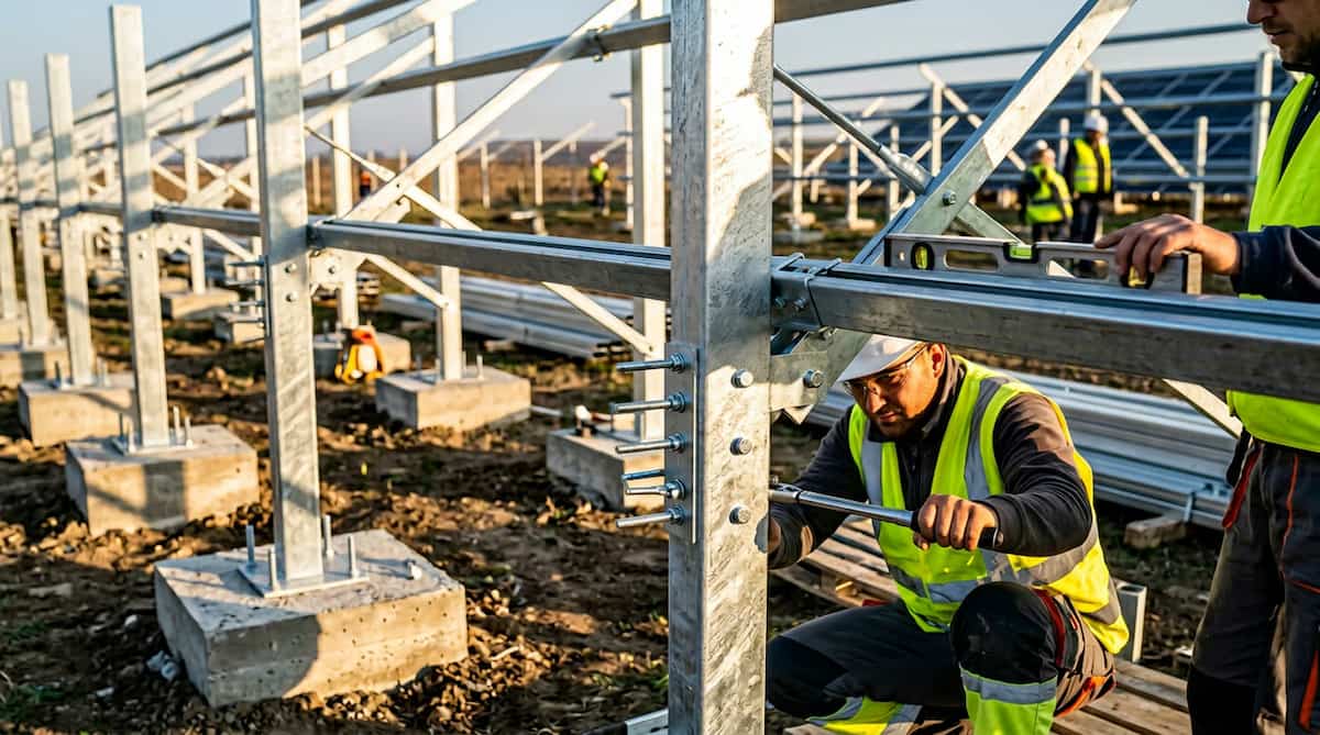 Structura de suport pentru montajul panourilor fotovoltaice la sol - inginer imbracat in echipament de protectie ajustand schela de suport a panourilor fotovoltaice