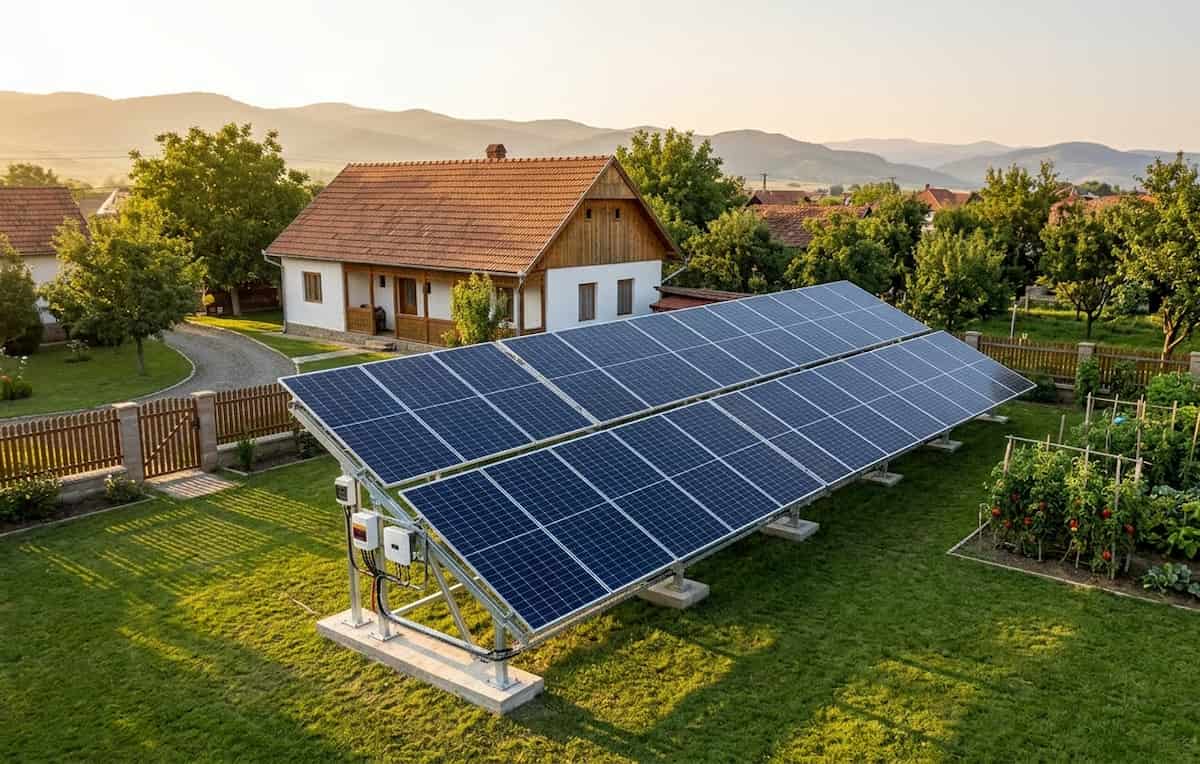 Structura de suport pentru montajul panourilor fotovoltaice la sol - ferma de panouri solare rezidentiale amplasate in curtea unei case din zona rurala