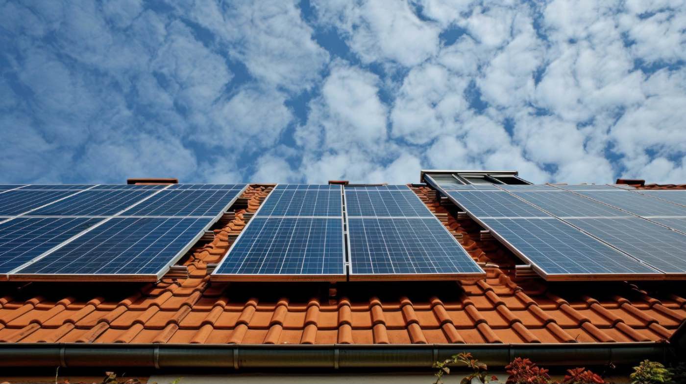 Cele mai recomandate modele (kit de panouri fotovoltaice instalat pe acoperisul unei case, energie solara, cer senin)