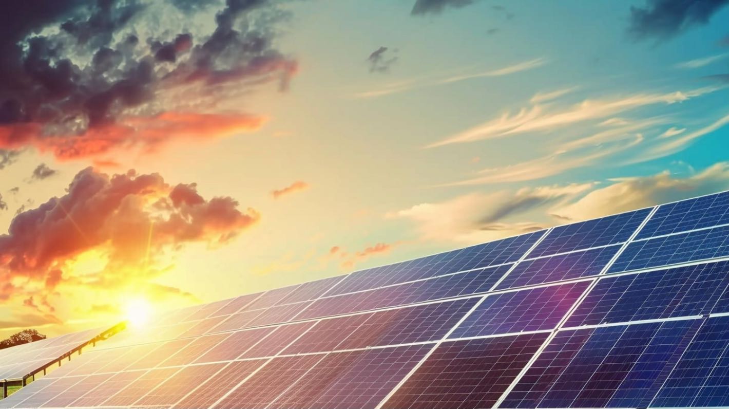 Sistemul fotovoltaic hibrid (panouri fotovoltaice montate pe camp, rasarit, raze soare)