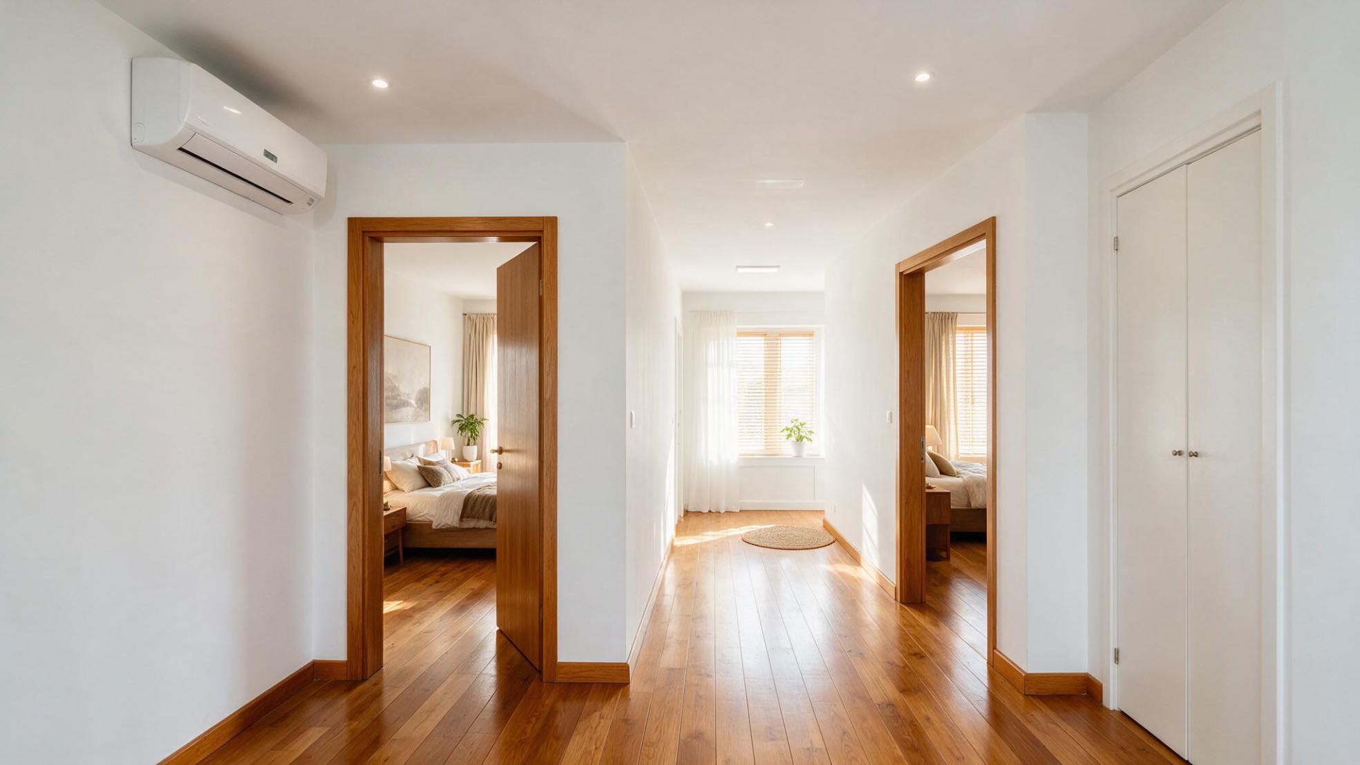 Aer condiționat pe hol (apartament luminos, hol mare, aparat de aer conditionat montat in dreptul usii dormitorului)