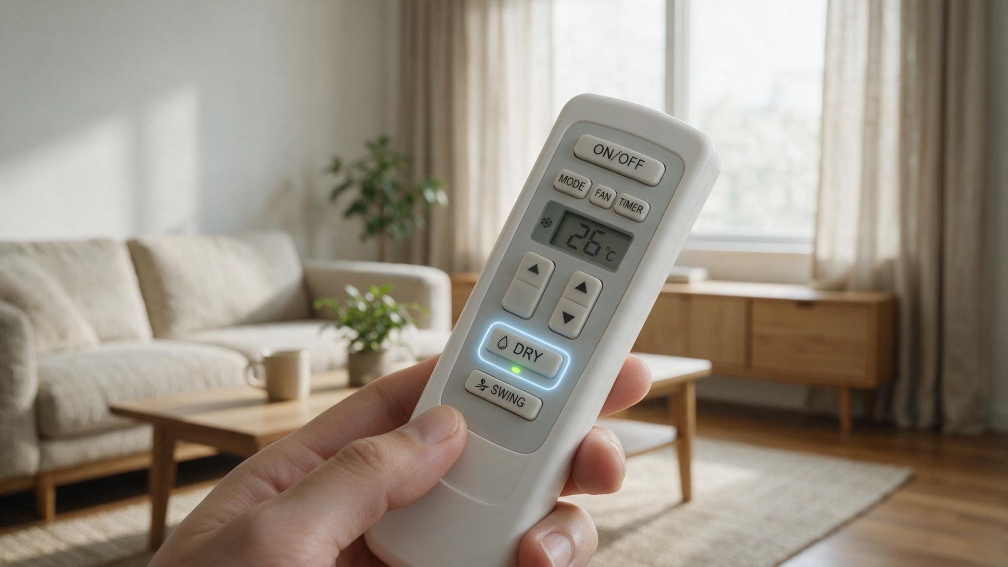 Ce înseamnă dry (persoana care a activat modul dry, simbol picatura de apa, aer conditionat, living modern)