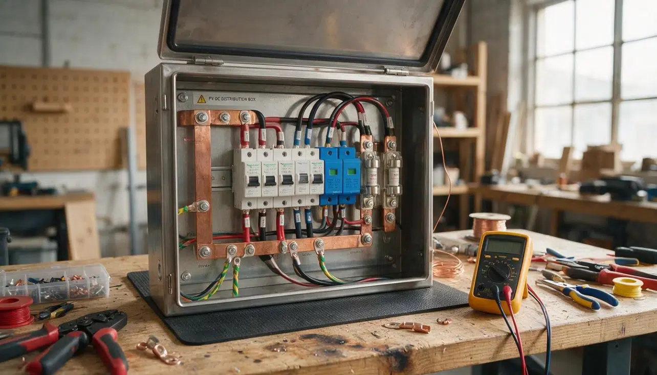 Schema de tablou electric pentru panouri fotovoltaice (tablou DC pentru sistemul fotovoltaic, componente de protectie, atelier)