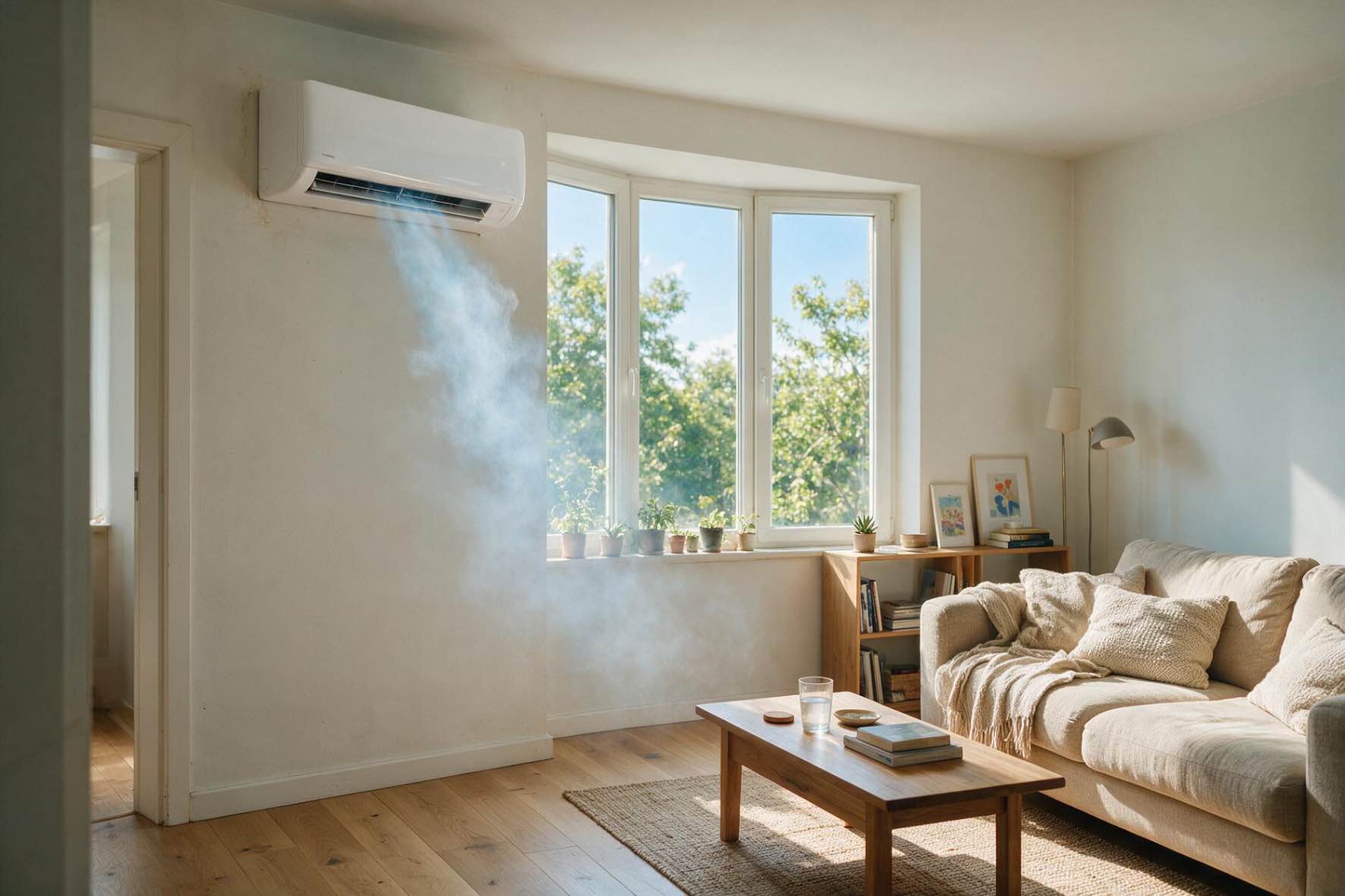Ce înseamnă cool la aerul condiționat (aparat de aer conditionat montat pe perete, vapori de aer rece, living modern)